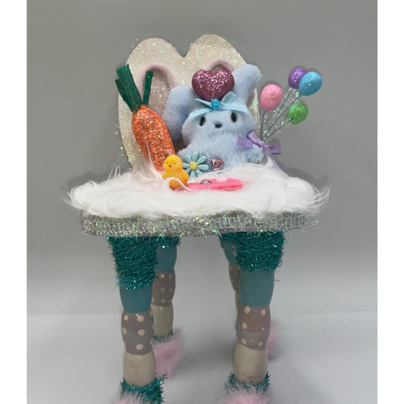 Vintage Wooden Easter Bunny Chair Faux Fur Blue Bunny Egg Balloons Deb O. OOAK - Picture 4 of 16